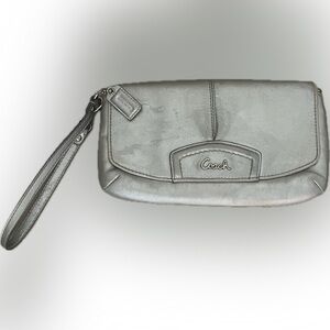 COACH Silver Metallic Leather Clutch Wristlet